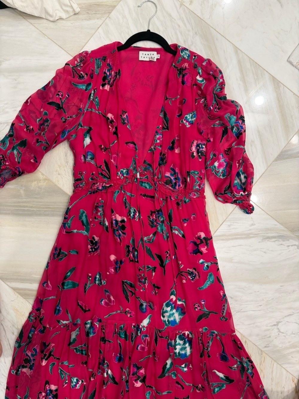 Tanya Taylor Dulce Silk Rayon Hot Pink Floral Tiered Ruffle Midi Dress Sz 6 - Picture 4 of 7